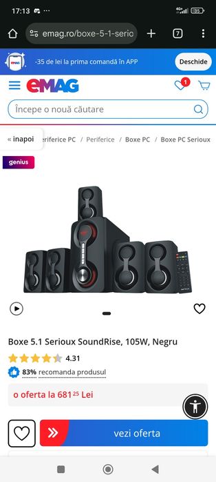 Boxe 5.1 Serioux SoundRise, 105W, Negru
