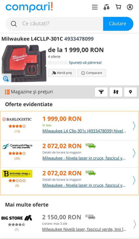 Nivela Laser verde 2 planuri Milwaukee L4 CLL-301C