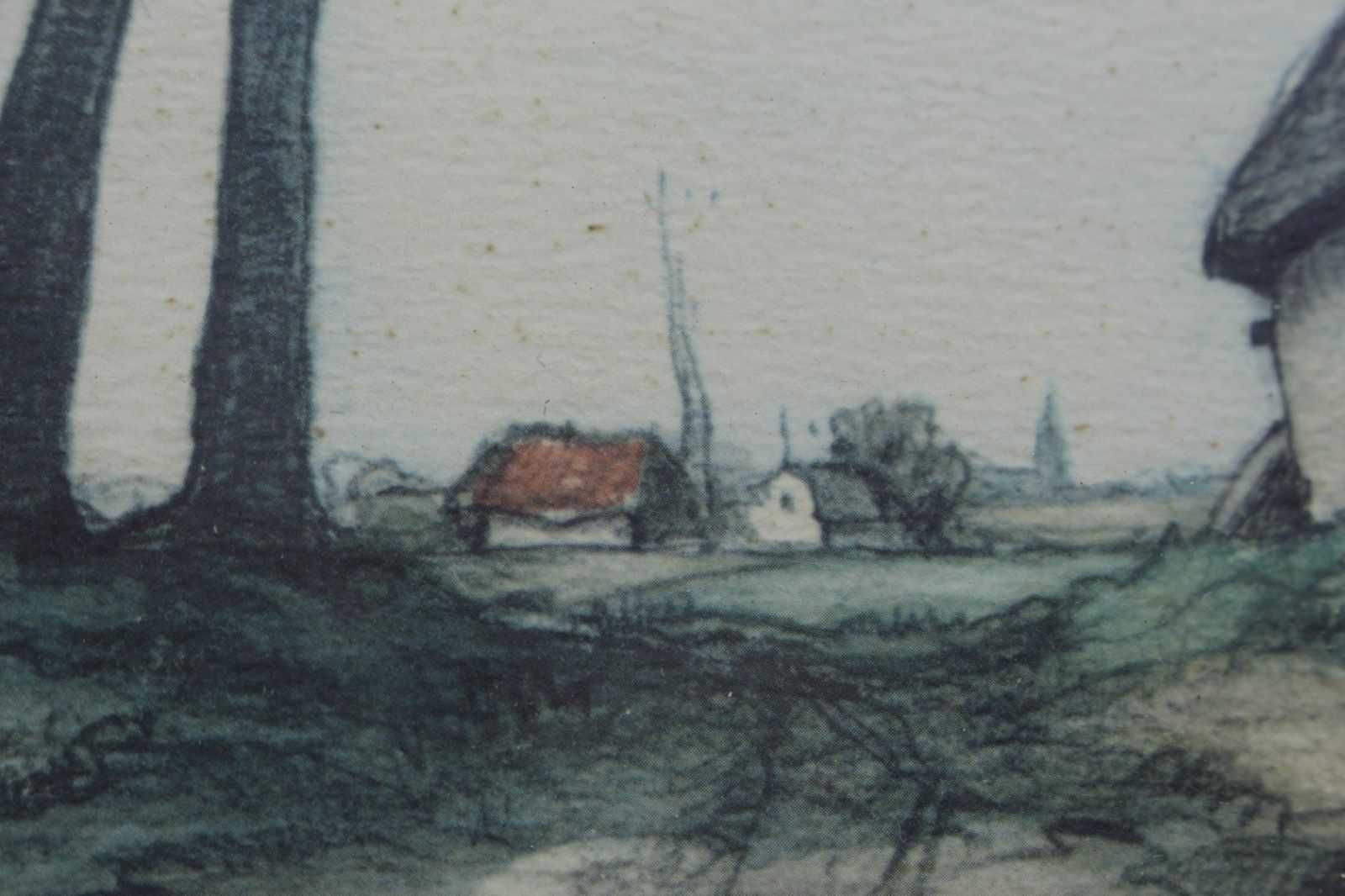 Стара картина графика Селски къщи Холандски художник с подпис