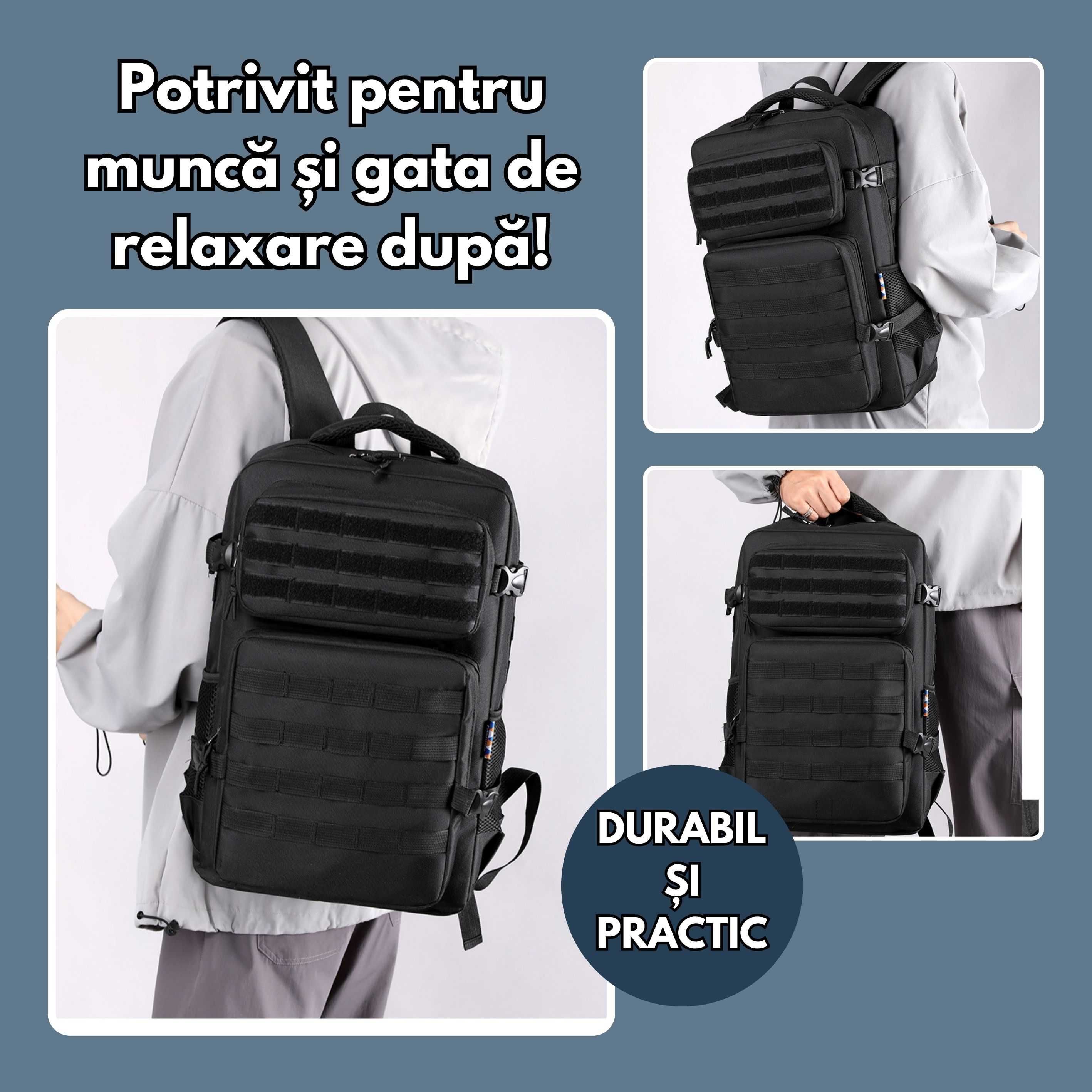 Ghiozdan Design Militar, Spatios, Casual, pentru Drumetii, Negru