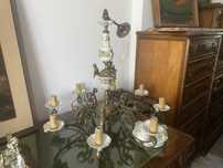 Candelabru Bronz Portelan Ingerasi Pictat Vintage
