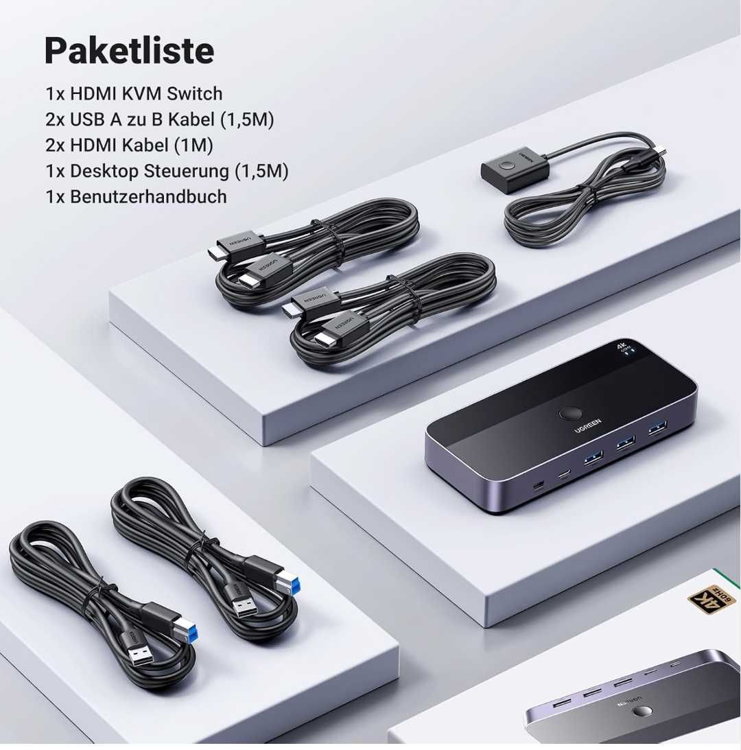 UGREEN HDMI 2.0 KVM превключвател 4K60Hz USB3.0 4 порта 3xUSB3.0+USB C