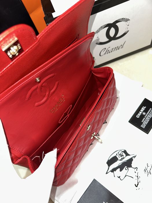 Geanta dama chanel 26cm rosu cu accesorii aurii cadou c:80