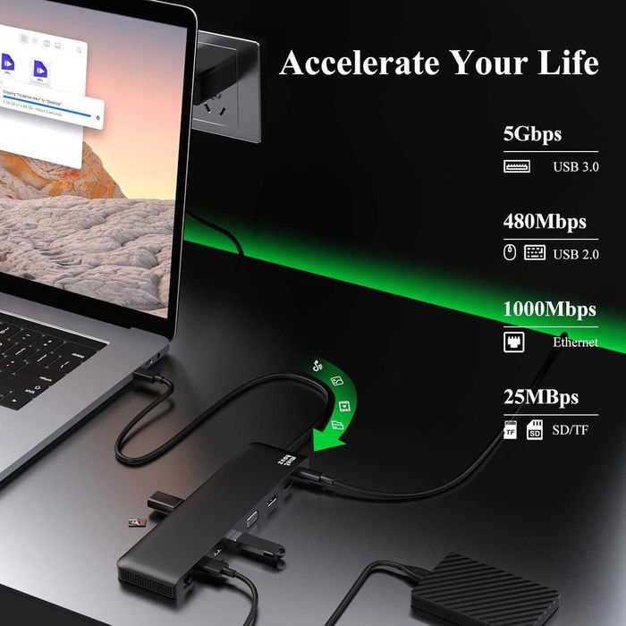 Докинг станция Minthouz, 12 в 1 USB C, VGA+HDMI+DP, 4*USB-A