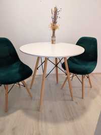 Masa rotunda alba stil scandinav  2x scaun tapițat verde picioare lemn