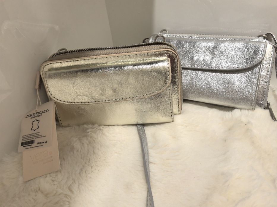 Чанта тип портмоне златна и сребърна ест. кожа