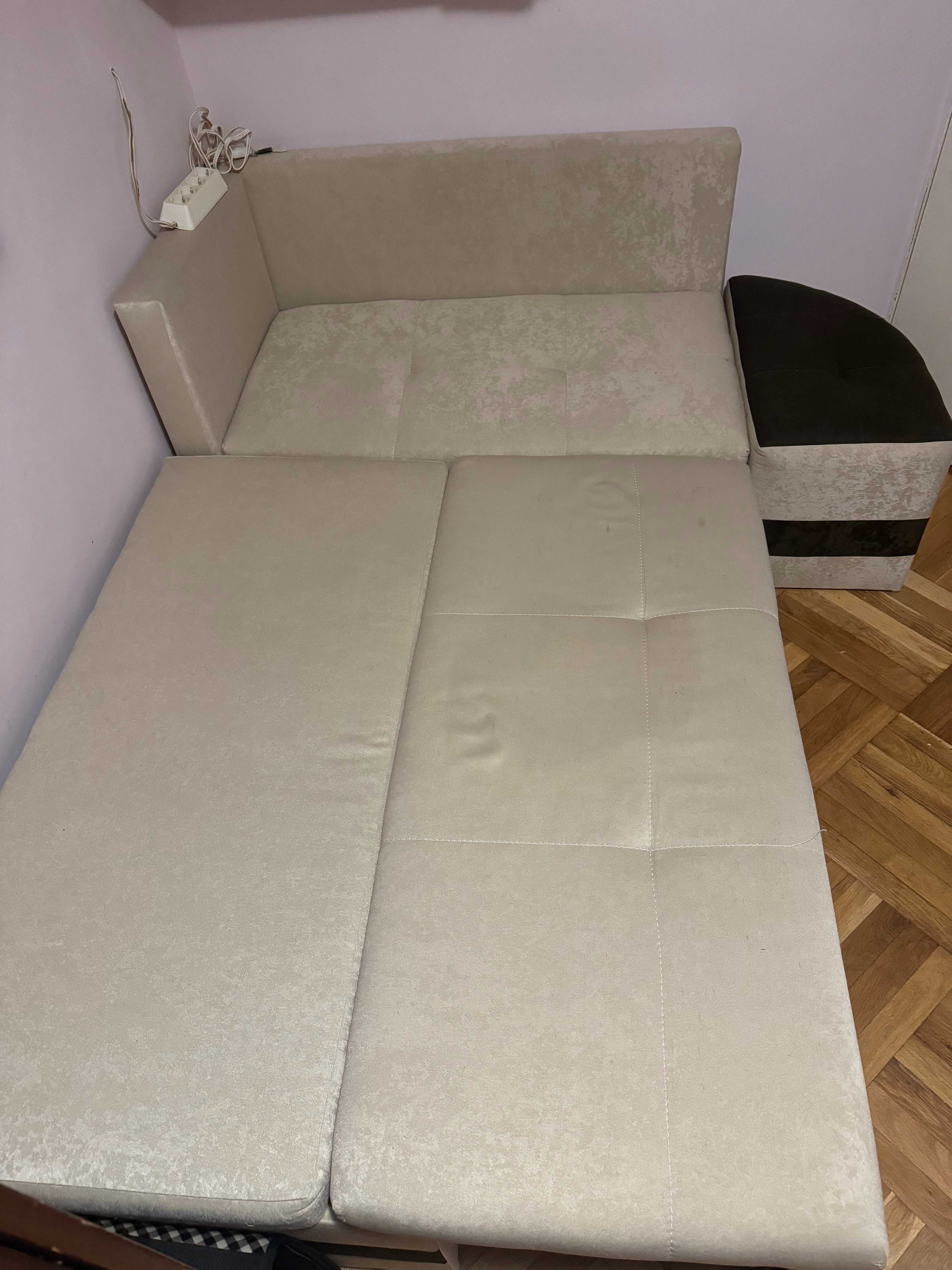 Разтегателен ъглов диван, кафяв + бежов