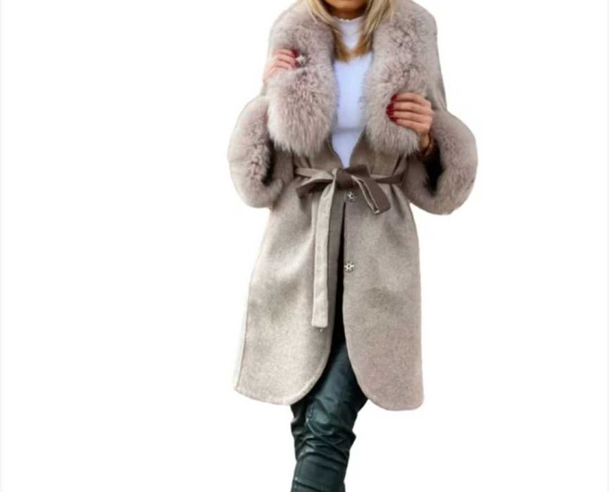 Palton dama, din lana de alpaca si blana naturala de vulpe, crem, Bej