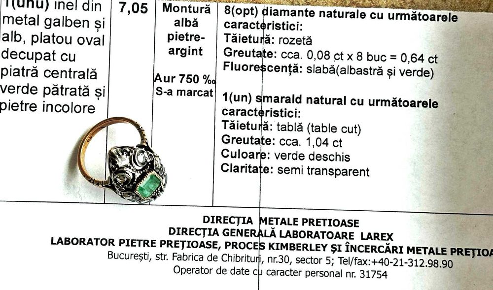 inel aur 18k cu smarald natural si 8 diamante naturale (cu expertiza)