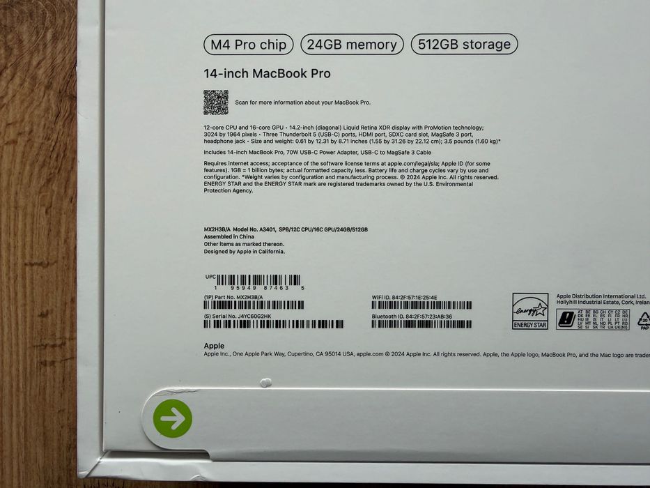 ЧИСТО НОВ MacBook Pro 14" M4 PRO Chip 12-CPU/16-GPU/24RAM/512SSD