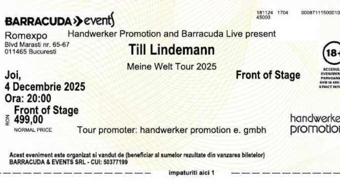 Vand 2 bilete la concertul Till Lindeman