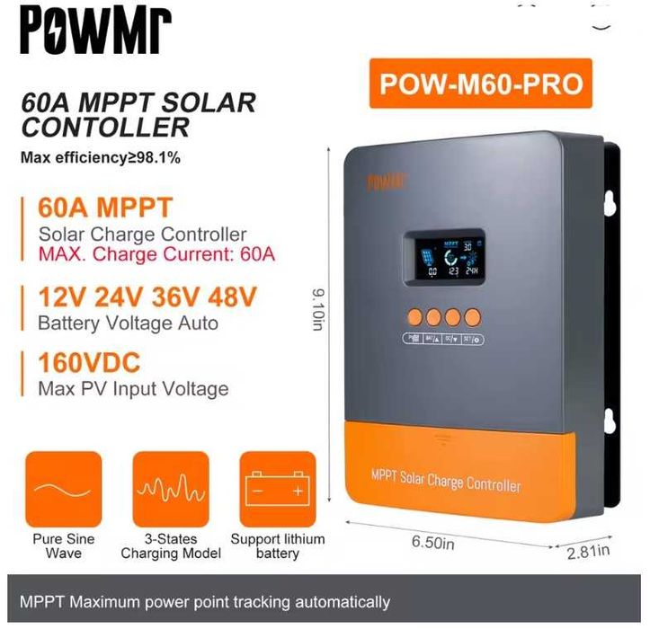 Controller MPPT Panou Solar PowMr POW-M60-ULTRA 60A 12V 24V 36V 48V