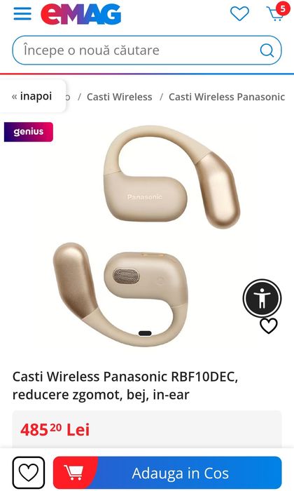 Casti Wireless Panasonic RBF10DEC, reducere zgomot, bej, in-ear, SIGIl