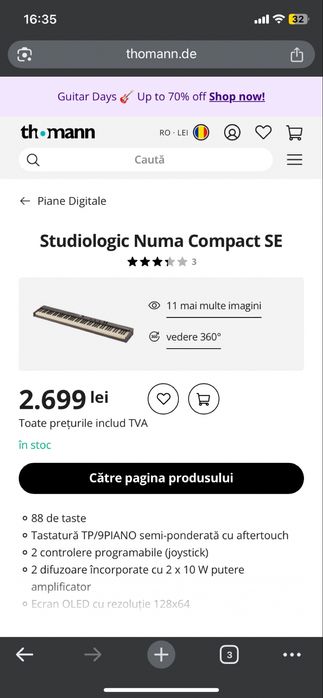 Pian digital portabil. Studiologic NumaCompact2