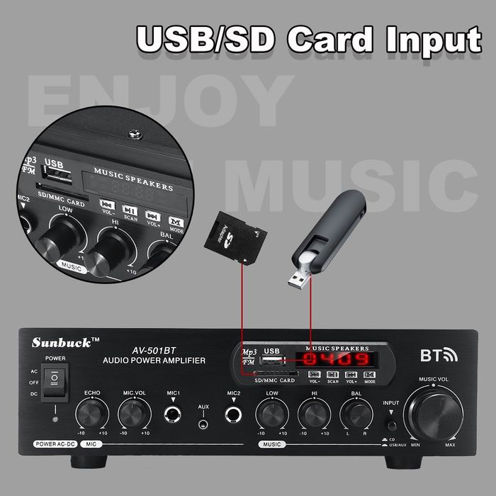 Аудио караоке усилвател AV-501BT Bluetooth  110V/220V DC 12V AUX вход
