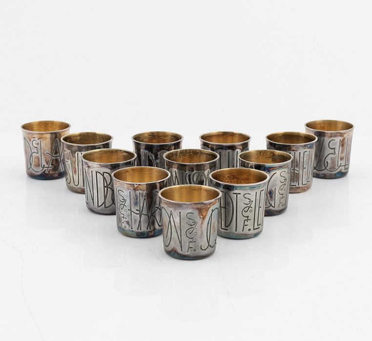 Set 12 pahare/Shot argint vechi semnate 1965 (685gr)