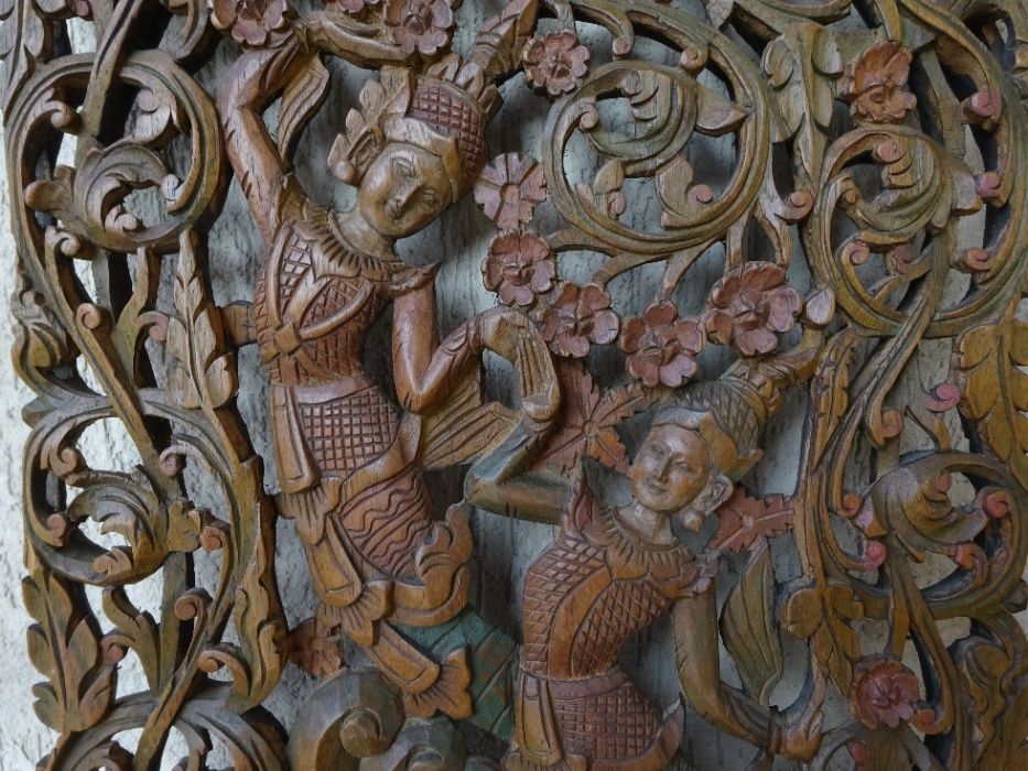 Panou vechi traditional thailandez, lemn sculptat si pictat, Thailanda