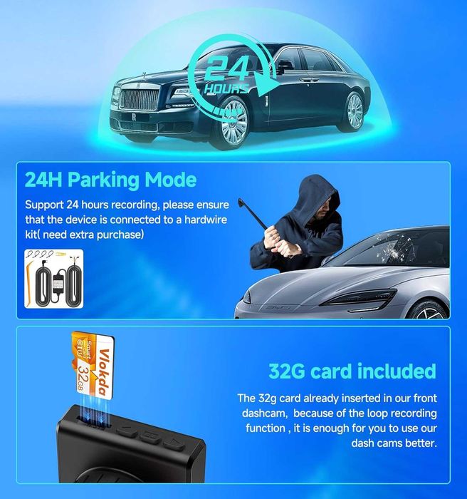 Dash Cam отпред и отзад, 1080P WiFi/APP контрол, 32GВ, WDR, G-сензор