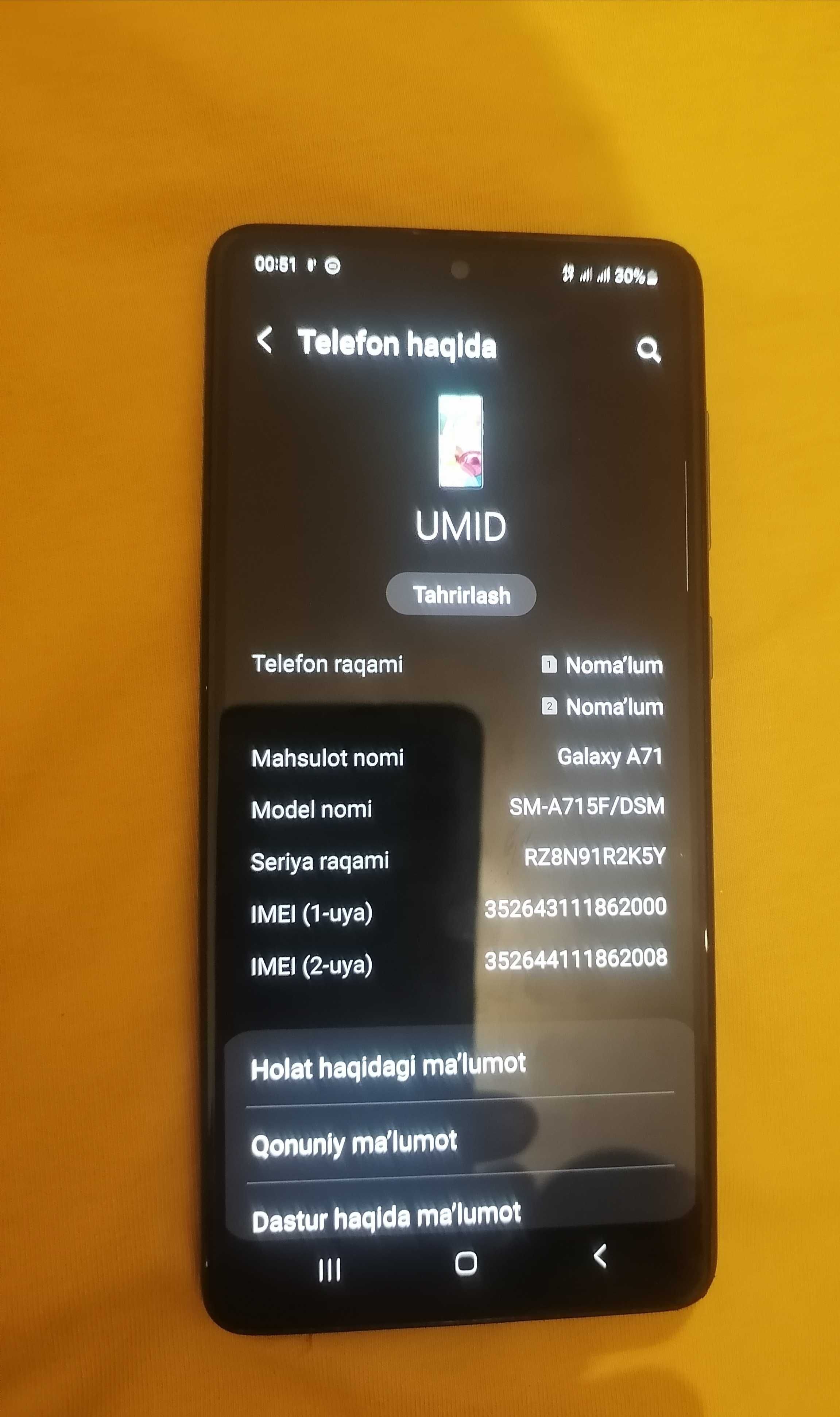 Samsung A71 6/128Gb aybi yoʻq