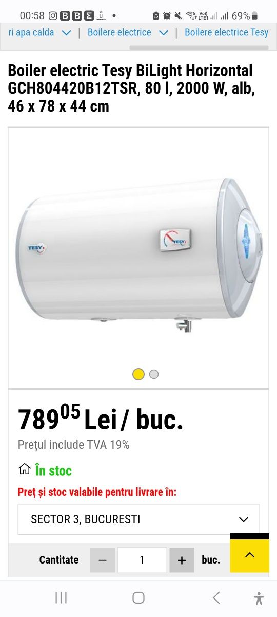 Boiler Sigilat, Nou-Tesy orizontal 80L, 2000W