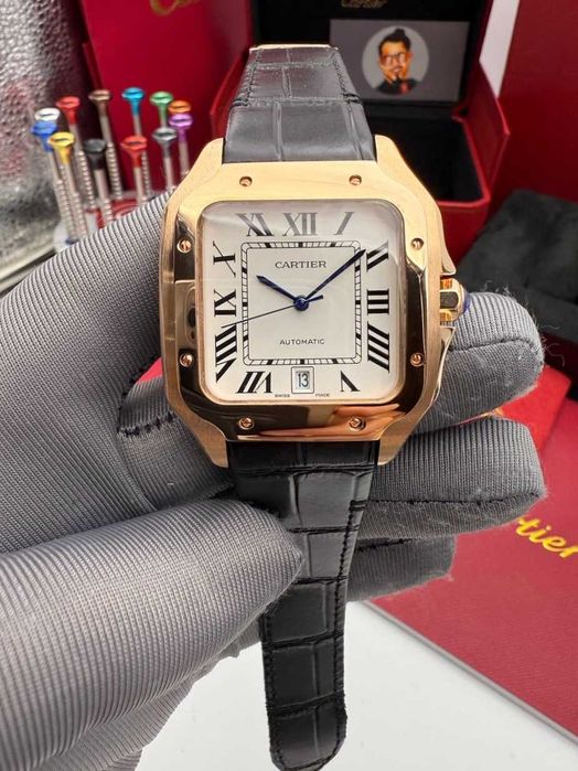 Cartier santos 100 розово злато / кожена каишка