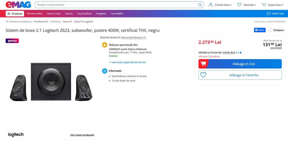 Sistem de boxe 2.1 Logitech Z623, subwoofer putere 400W certificat THX