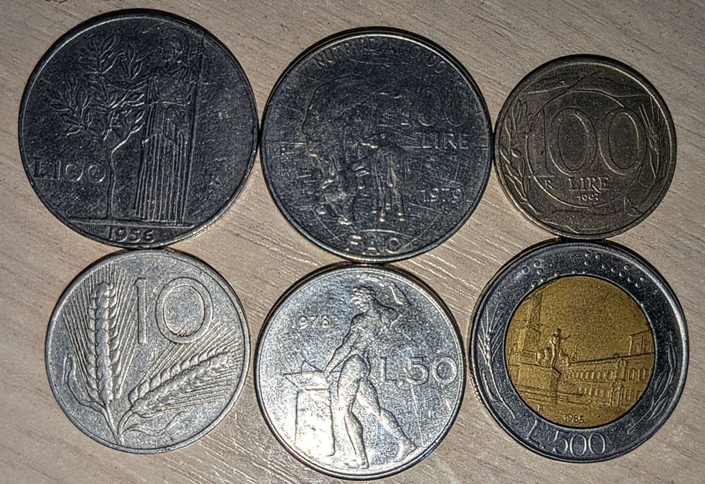Lot 6 monede Italia 10L 1951/ 50L 1978/ 100L 1956,1979,1993/ 500L 1985