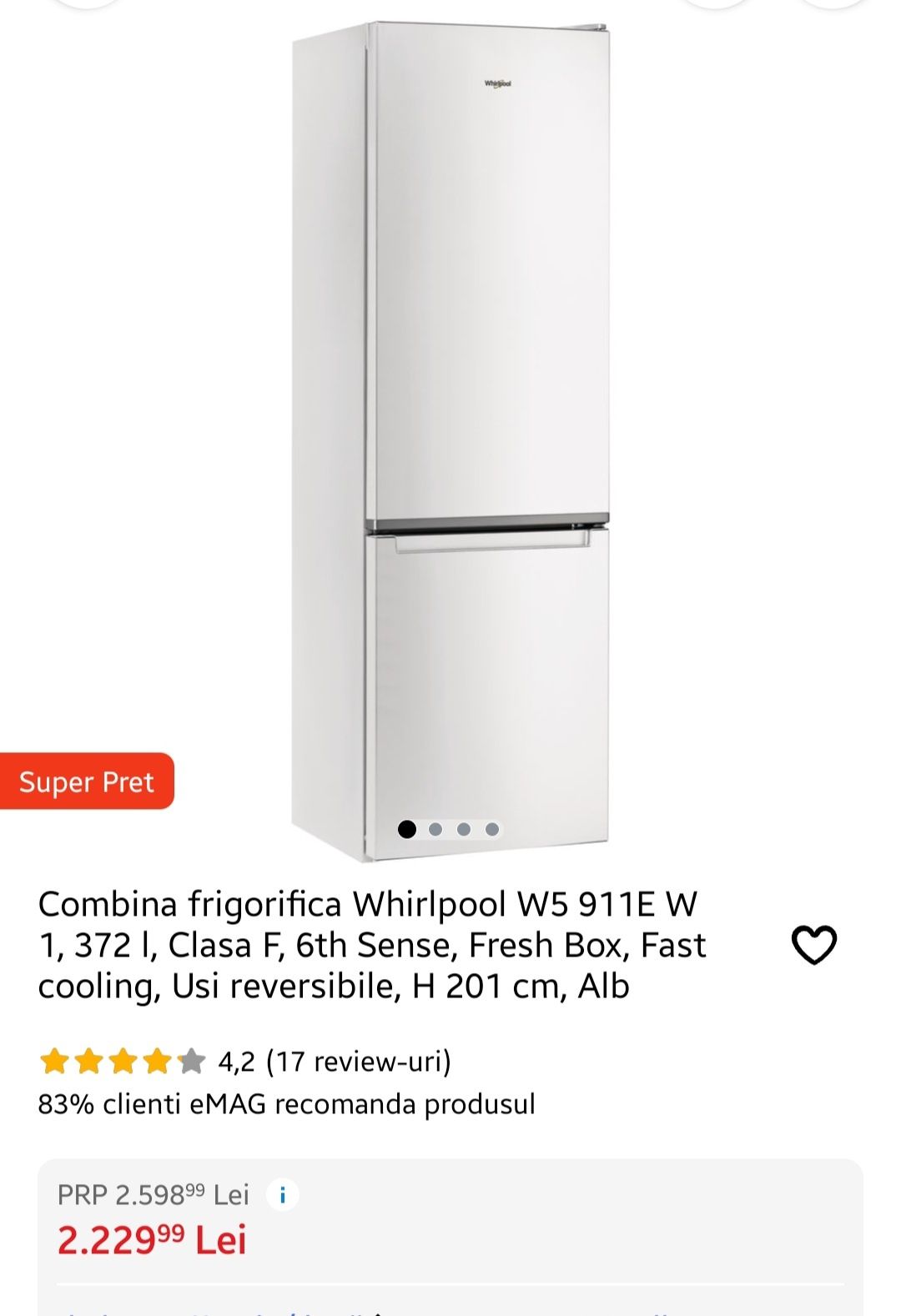 Combina frigorifica Whirlpool W5 911E W 1, 372 l