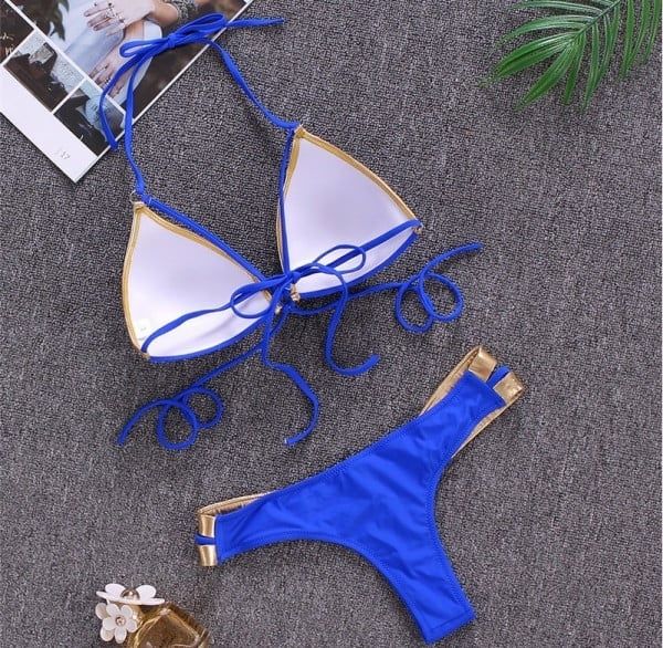 Costum de baie două piese albastru royal cu elemente aurii