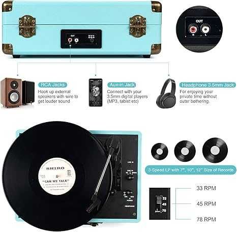 Platan cu difuzoare, Bluetooth,  3 trepte, player portabil de viniluri