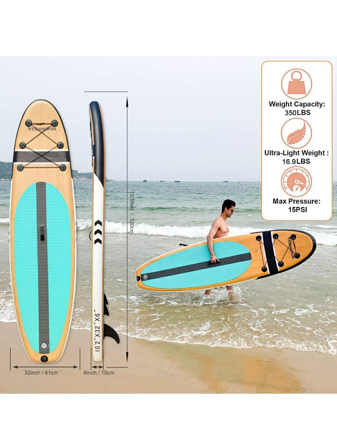 Placă gonflabilă de stand up paddle WelandFun, grosime de 6 inchi, cu