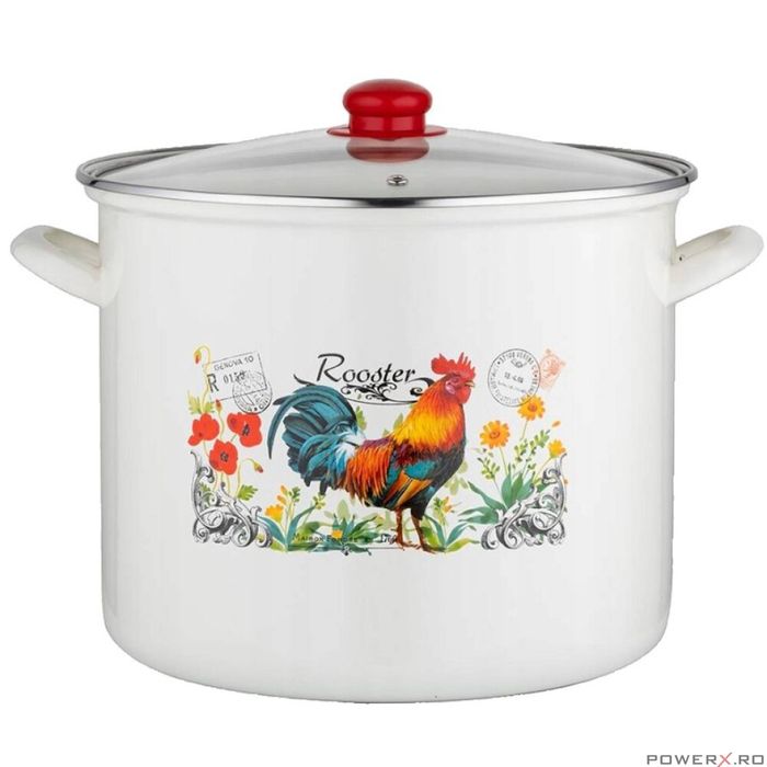 Oala cu capac, din inox emailat lucios, alba, 14l-28cm, Kogucik,