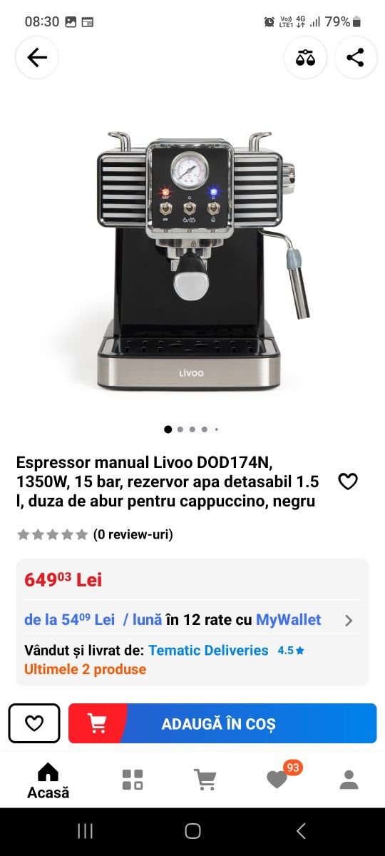 sigilat espressor manual Livoo dod174 , 15 bari , 1350w , duza spumat