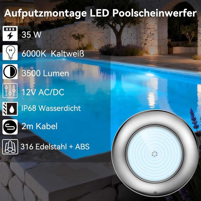 НОВ! Ултратънък LED прожектор за басейн 35W – 3500 lm, неръждаема