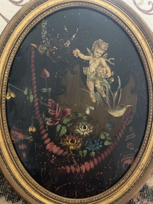 Tablouri vechi pictate pe metal - îngeraș cu ramă aurită