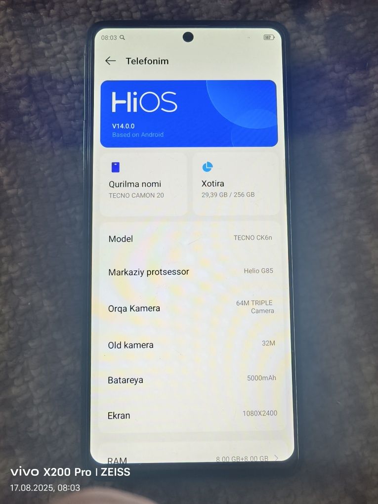 Techno Cammon 20 256/8 sotiladi holati yaxshu aybi yuq
