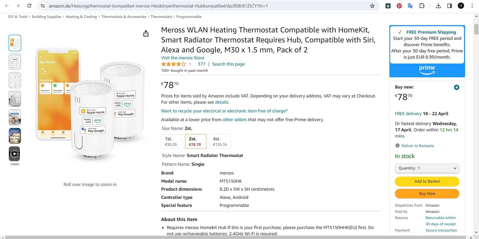 Set 2 buc termostat smart încălzire WLAN Meross compatibil cu HomeKit