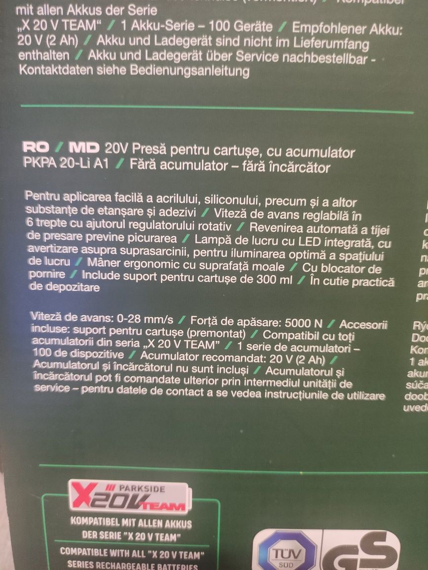 Pistol de silicon parkside pe acumulatori de 20 V
