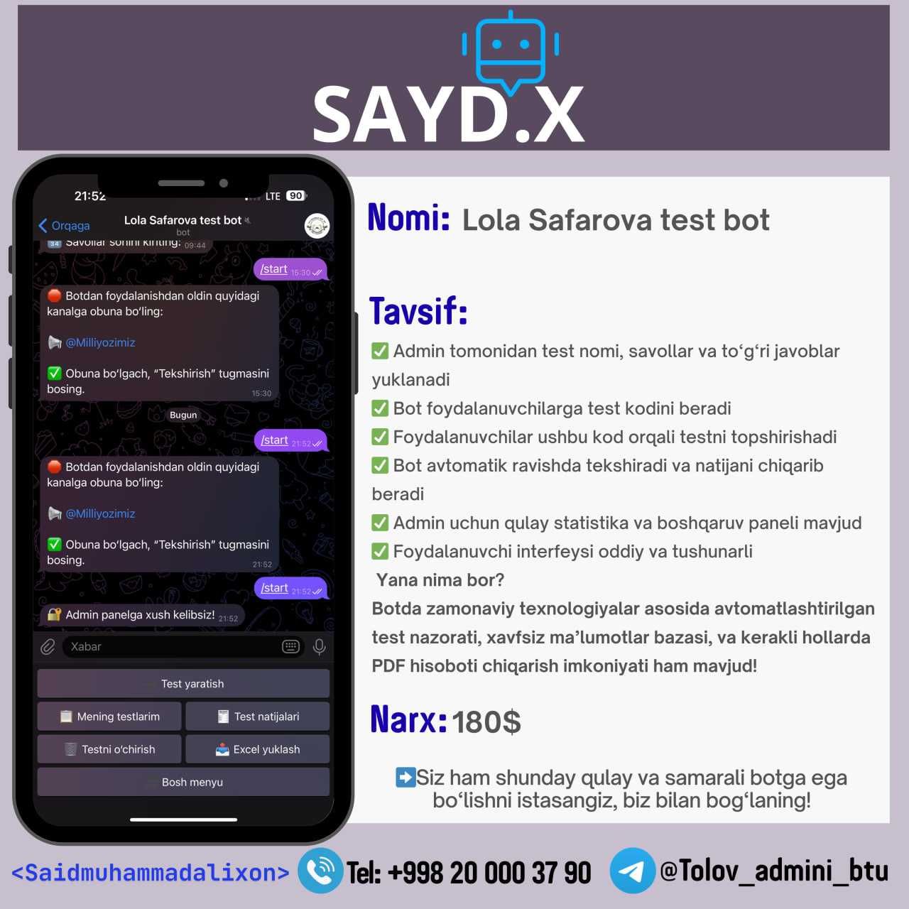 Telegram bot yasash va yaratish, sayt yasash va yaratish