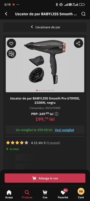 Uscător păr BaByliss Smooth Pro 2100W NOU, desigilat doar pentru poze