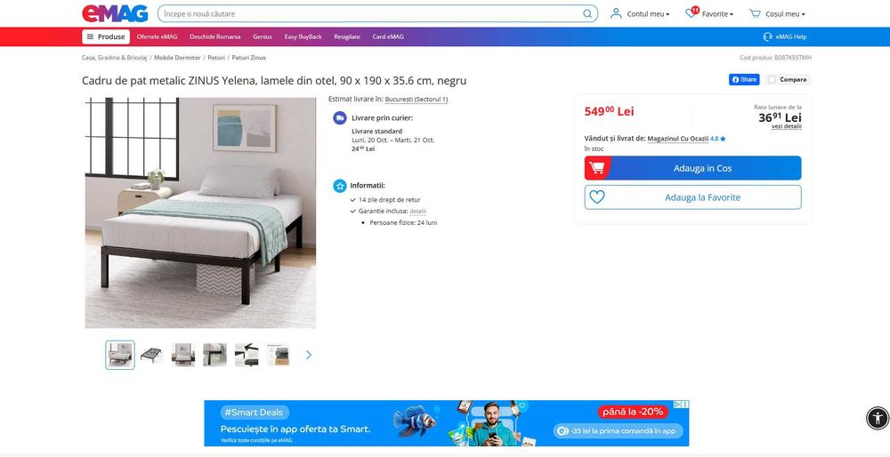 Cadru pat metalic 1 persoana ZINUS 90lx190Lx35H cm, REDUS de la 550RON