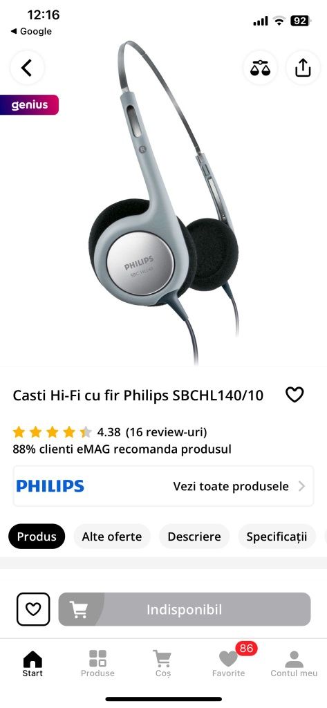 Casti Hi-Fi cu fir Philips SBCHL140/10