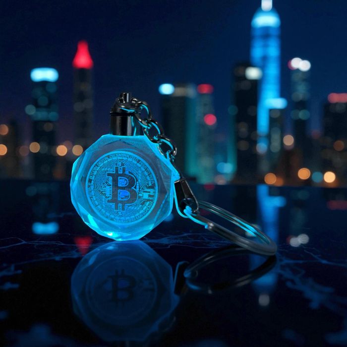 Breloc LED Bitcoin din sticlă – iluminare multicolor, ediție premium