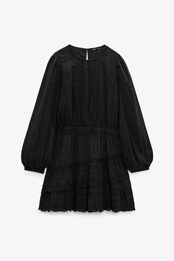 Zara разкроена рокля с бродерия в черен цвят