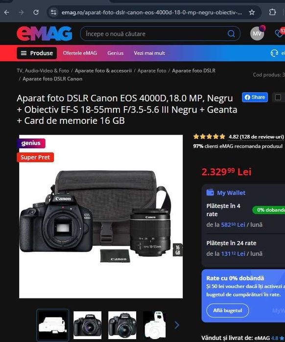 Canon EOS 4000D +Obiectiv EF-S 18-55mm F/3.5-5.6 III+Geanta +Card 16Gb