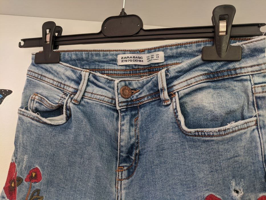 Blugi broderie maci Zara Basic, XS 32-34