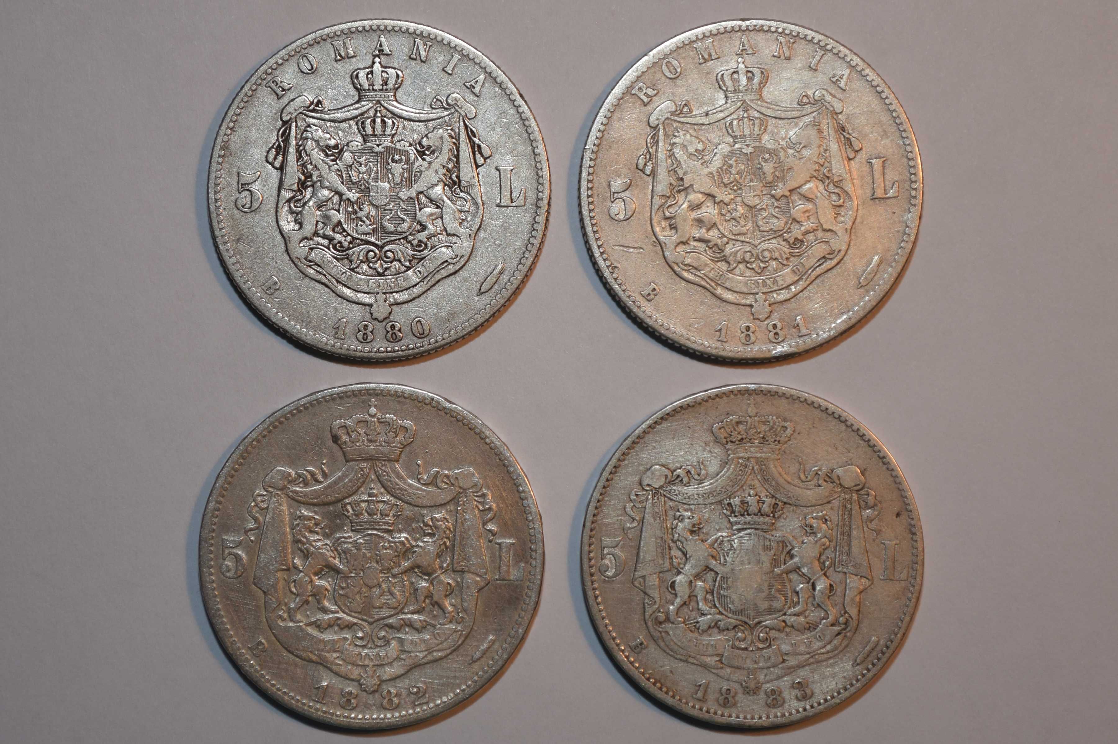 Set monede 5 lei, argint, din anii: 1880, 1881, 1882, 1883.