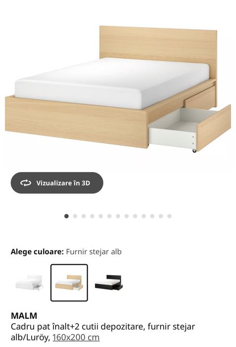 Cadru pat inalt MALM IKEA 160 x 200 cm furnir stejar alb