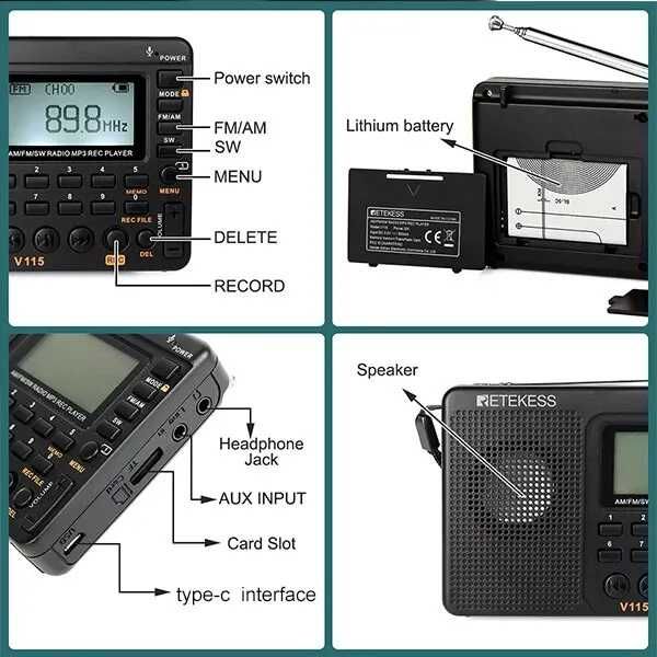 Качествено Портативно радио Retekess V115 AM/FM транзистор, MP3 и SD