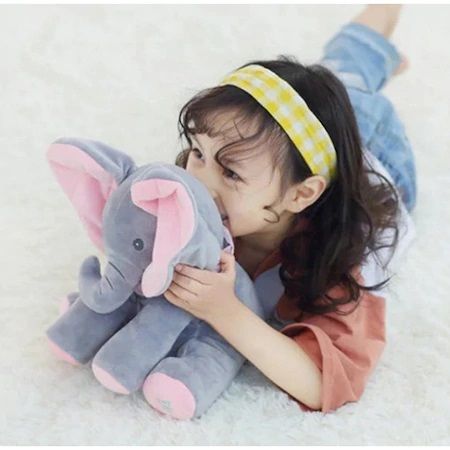 Jucarie interactiva Elefant, Peek a Boo canta si vorbeste, Gri/Roz